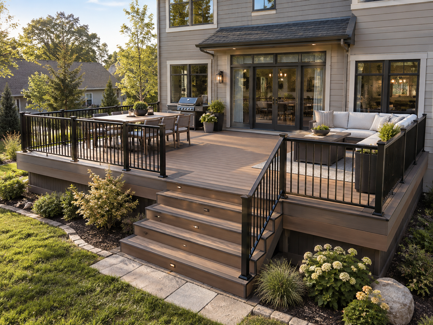 Deck inspiration: warm composite decking, wide stairs and black railing beside a Midwest home